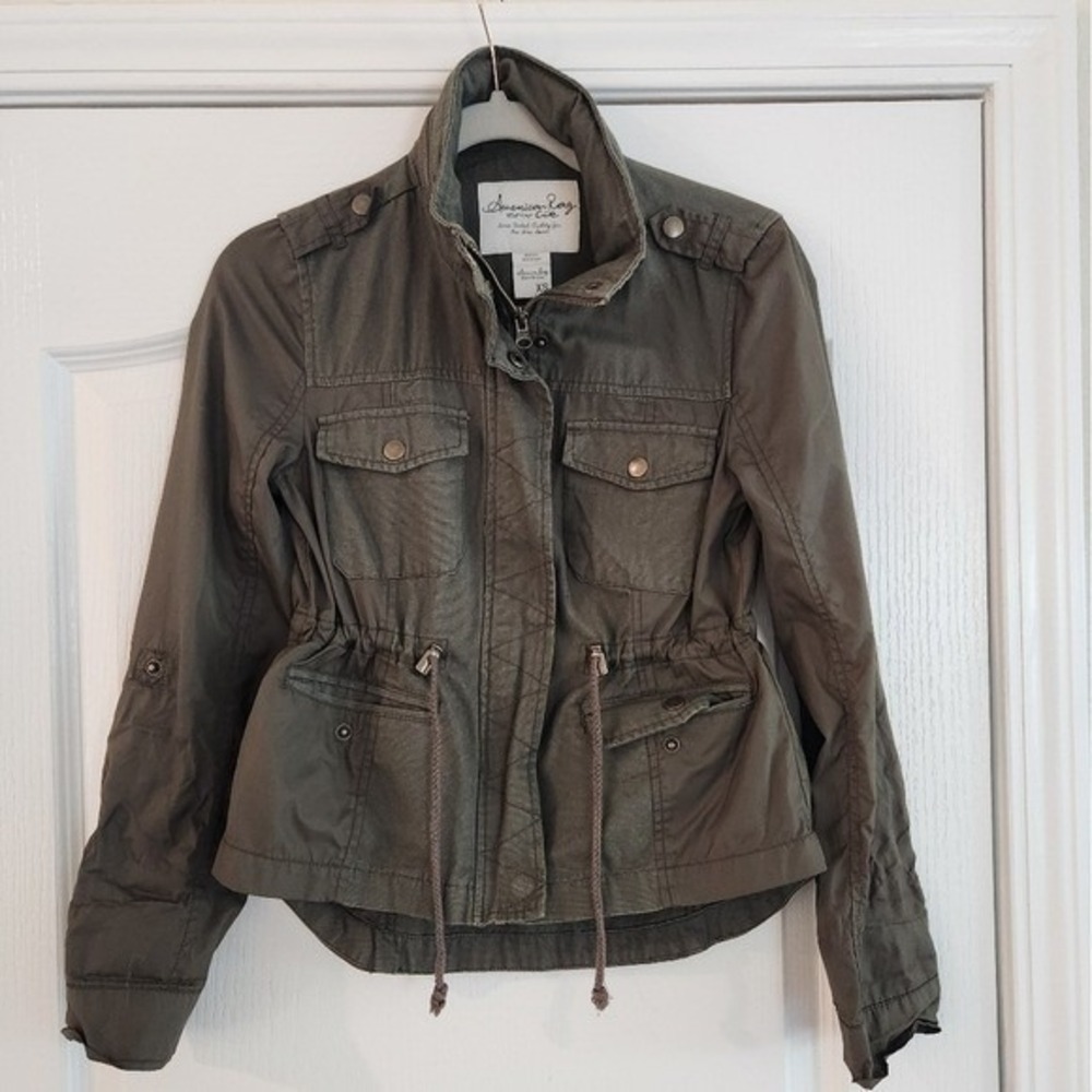 American Rag Army Green‎ Utility Mixed Media Jacket XS Hidden Hood Cotton Adjust